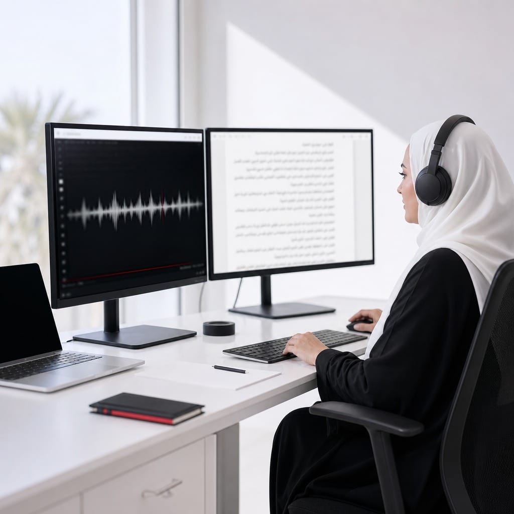 مفرّغ صوتي محترف ثنائي اللغة يقدم خدمة التفريغ الصوتي باللغة العربية من خلال تحويل المحتوى المنطوق باللغة العربية بدقة، بما في ذلك اجتماعات الأعمال، والمقابلات، والمؤتمرات، والإجراءات القانونية، والتسجيلات الإعلامية، والاتصالات المؤسسية، إلى مستندات مكتوبة ومنسقة باحترافية. تعبر الصورة عن خدمات متميزة للتفريغ الصوتي باللغة العربية، مع التركيز على الخبرة اللغوية، والدقة، ومراعاة السياق الثقافي والسرية، وسرعة الإنجاز لتلبية احتياجات الشركات والعملاء المهنيين.