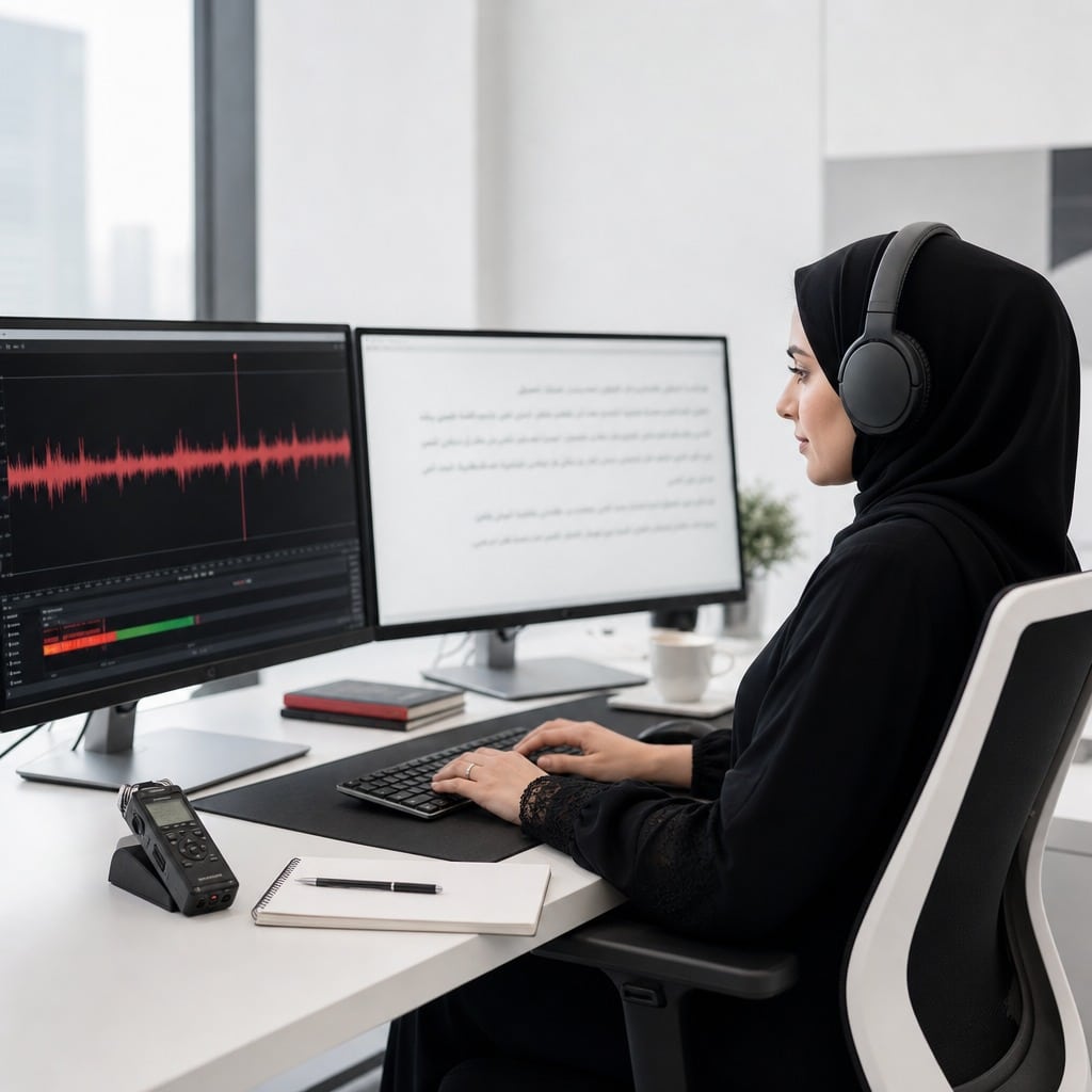 مفرّغ صوتي محترف ثنائي اللغة يقدم خدمة تفريغ الملفات الصوتية العربية من خلال تحويل التسجيلات المنطوقة باللغة العربية، بما في ذلك اجتماعات الأعمال، والمقابلات، والمؤتمرات، والإجراءات القانونية، والمحتوى الإعلامي، والاتصالات المؤسسية، إلى مستندات مكتوبة ومنسقة باحترافية ودقة عالية. تعبر الصورة عن خدمات متميزة لتفريغ الملفات الصوتية العربية، مع تسليط الضوء على الخبرة اللغوية، والدقة في مراعاة السياق الثقافي، والسرية، وسرعة الإنجاز، وجودة النص لتلبية احتياجات الشركات والعملاء المهنيين.