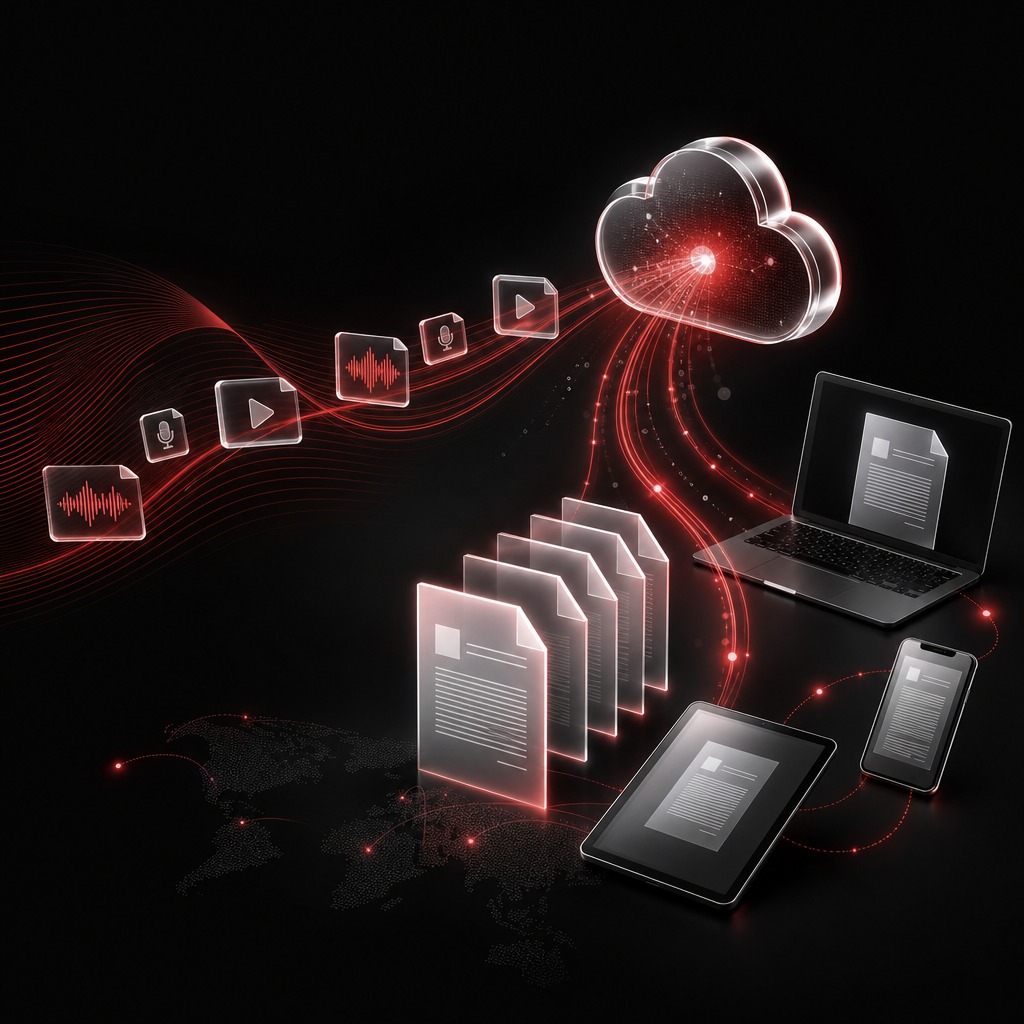 مفرّغ صوتي محترف يقدم خدمة التفريغ الصوتي عبر الإنترنت من خلال تحويل الملفات الصوتية والمرئية الرقمية بأمان إلى مستندات مكتوبة ومنسقة باحترافية باستخدام آلية عمل حديثة قائمة على الحوسبة السحابية. تعبر الصورة عن خدمات التفريغ الصوتي عبر الإنترنت المتميزة لاجتماعات العمل، والمقابلات، والندوات الإلكترونية، والمؤتمرات، وحلقات البودكاست، والتسجيلات القانونية، والاتصالات المؤسسية، مع التركيز على الدقة، والسرية، وسرعة الإنجاز، وسهولة الوصول إلى هذه الخدمة عن بُعد.