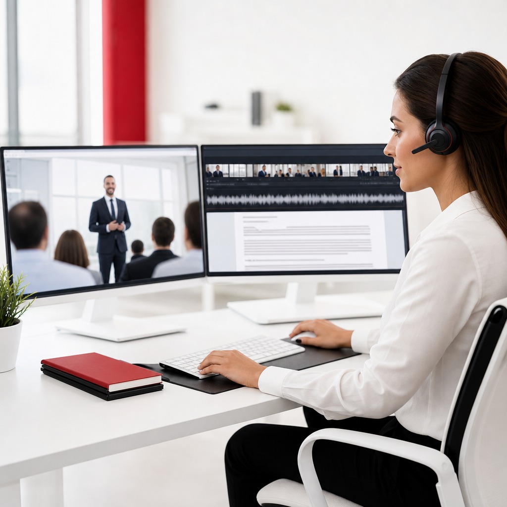 مفرّغ صوتي محترف يقدم خدمة تفريغ ملفات الفيديو إلى نص من خلال تحويل المحتوى المنطوق في ملفات الفيديو بدقة إلى مستندات مكتوبة عالية الجودة. تعبر الصورة عن خدمات موثوقة لتفريغ ملفات الفيديو، بما في ذلك اجتماعات الأعمال، والمقابلات، والندوات الإلكترونية، والدورات التدريبية، والعروض التقديمية للشركات، مع التركيز على الدقة، والسرية، وسرعة الإنجاز.